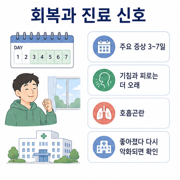 독감의 주요 증상은 대개 3일에서 7일 사이 호전되지만 기침과 피로가 오래 남거나 호흡곤란, 재악화가 나타나면 진료가 필요하다는 이미지