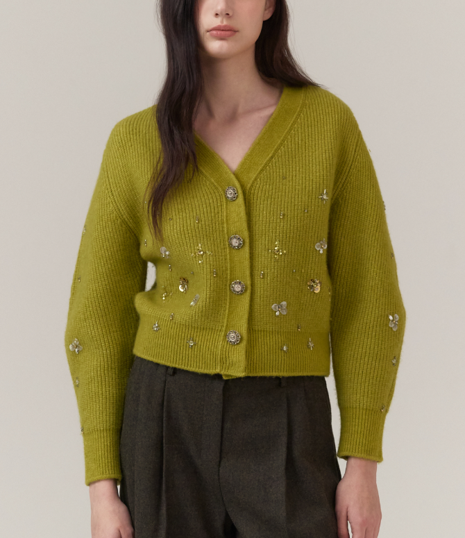 {가디건} 사랑을 처방해 드립니다 12회 :: 소이현(차세리) / 미샤 MICHAA 올리브 그린 연두색 비딩 장식 니트 가디건