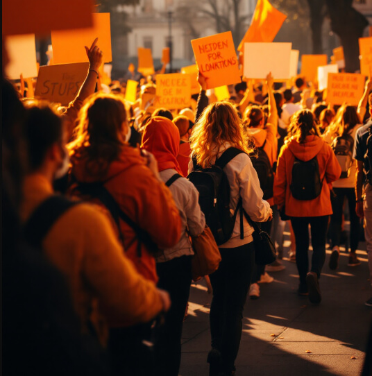 오렌지색과 노란색 옷을 입은 군중이 도심 거리에서 집회와 시위를 벌이고 있는 모습. 사람들은 다양한 플래카드와 피켓을 들고 있으며, 저마다의 메시지를 외치며 이동하고 있다. 따스한 햇빛이 거리와 사람들을 비추고 있어 활기찬 분위기가 느껴진다