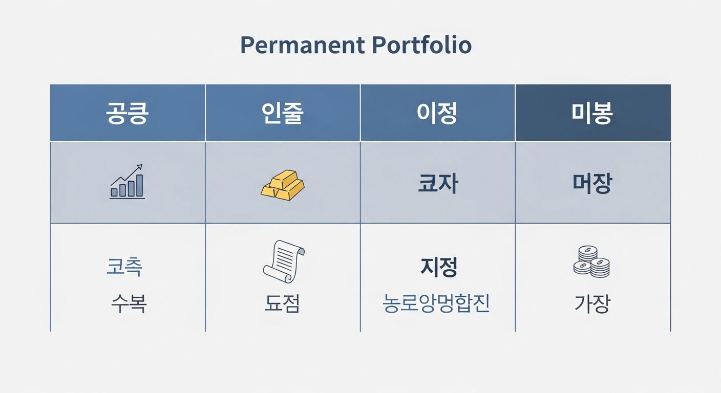 "A visual representation of the Permanent Portfolio concept, showing four quadrants (Growth, Inflation, Deflation, Recession) with balanced assets (Stock, Gold, Long-Term Bond, Cash) in the form of a serene, professional, and stable financial graphic. Use a classic blue and gray color palette, clear lines, and minimalist design. For a Korean audience."