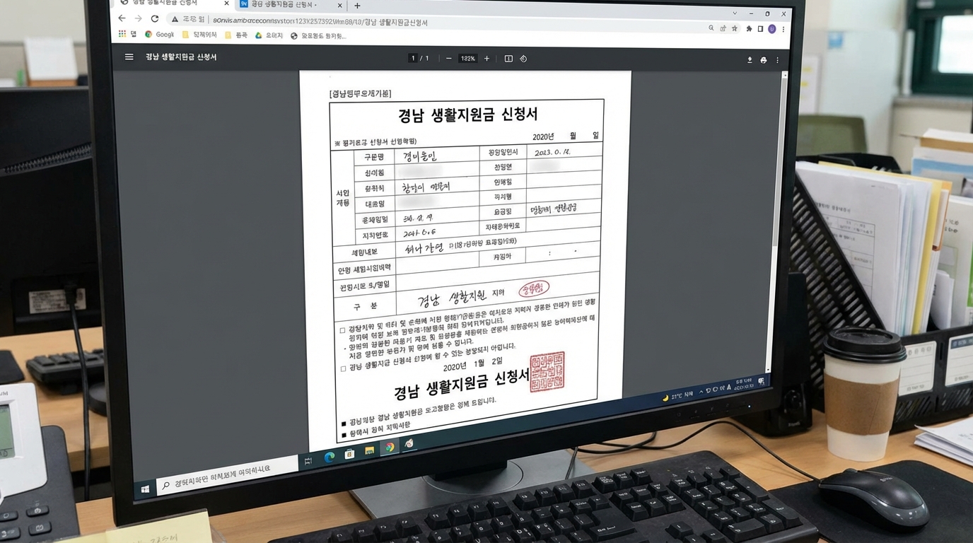 경남 생활지원금 접수를 위해 준비된 깨끗하게 스캔된 증빙 서류들