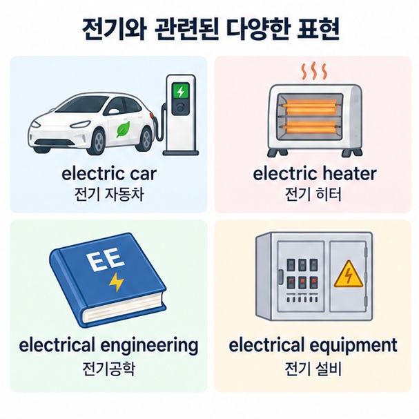 electric car와 electric heater, electrical engineering, electrical equipment 등 관련 영어 표현을 정리한 이미지