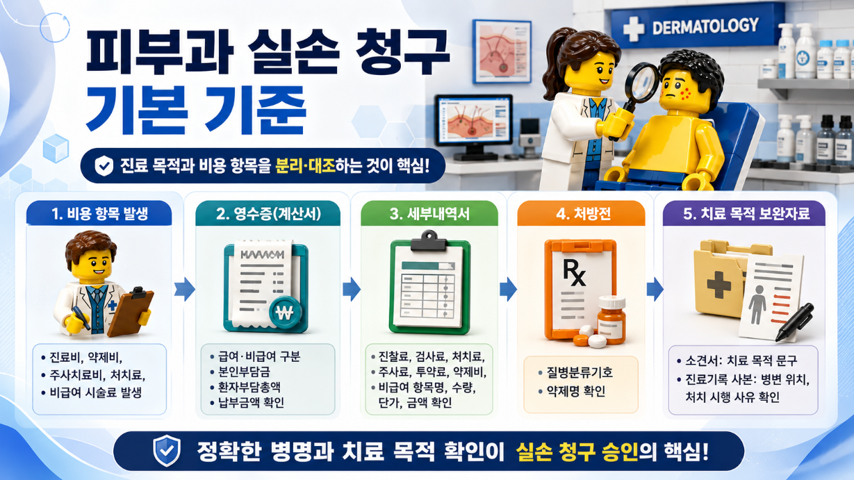 피부과 외래 진료비와 약제비, 처치료를 서류별로 대조하는 실손 청구 기본 기준 인포그래픽