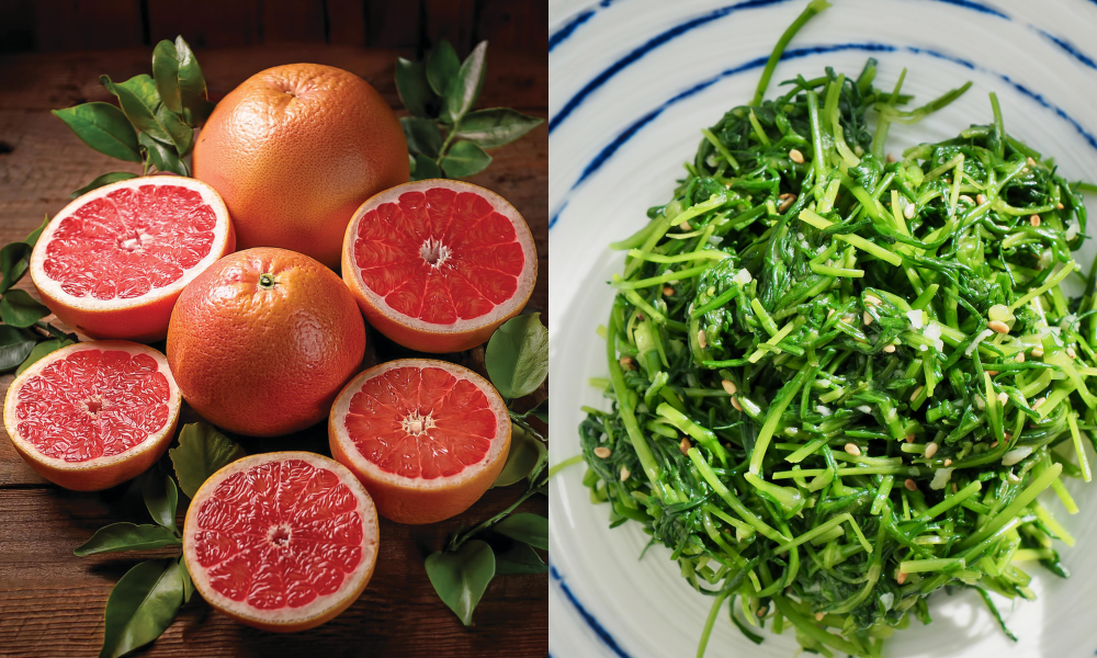 잘라놓은 자몽과 세발나물 무침 사진