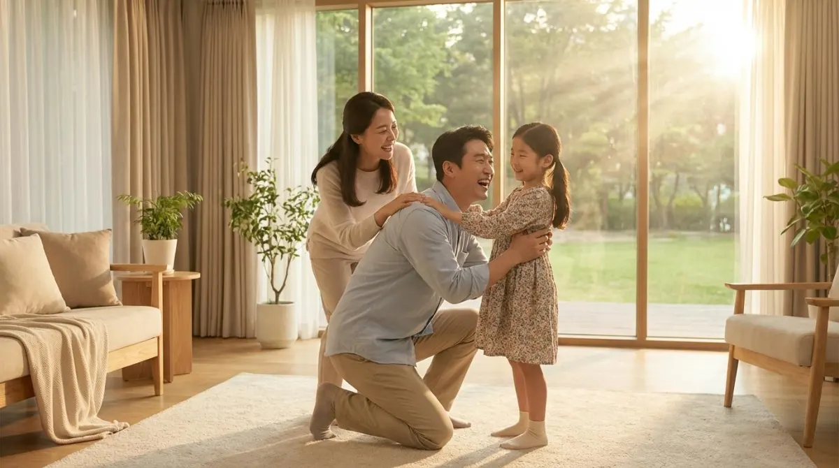 2026년 육아기 근로시간 단축 제도를 성공적으로 활용하여 걱정 없이 자녀와 행복한 시간을 보내고 있는 화목한 한국인 가족의 모습