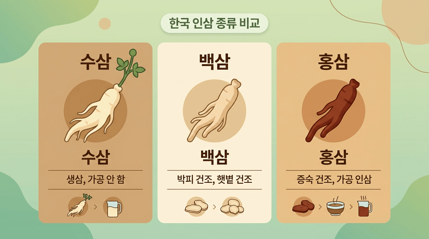 홍삼 백삼 수삼 비교 일러스트 색상별 구분