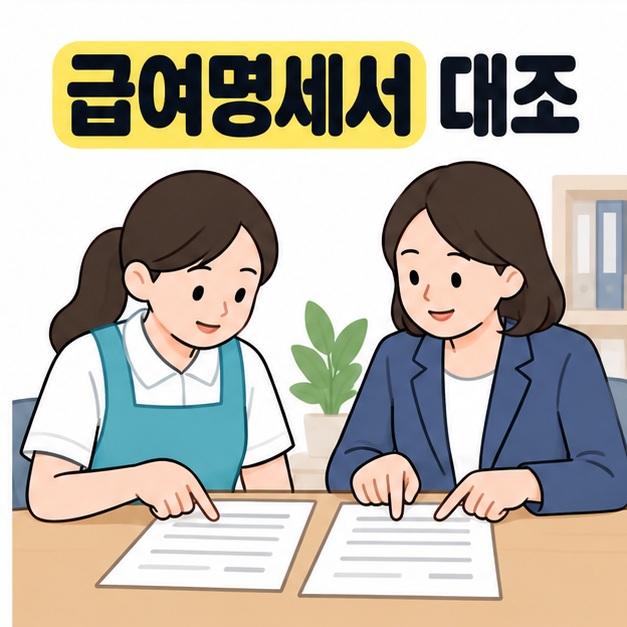 급여명세서 대조 문구 아래 요양보호사와 담당자가 나란히 놓인 두 문서의 항목을 손으로 짚는 그림