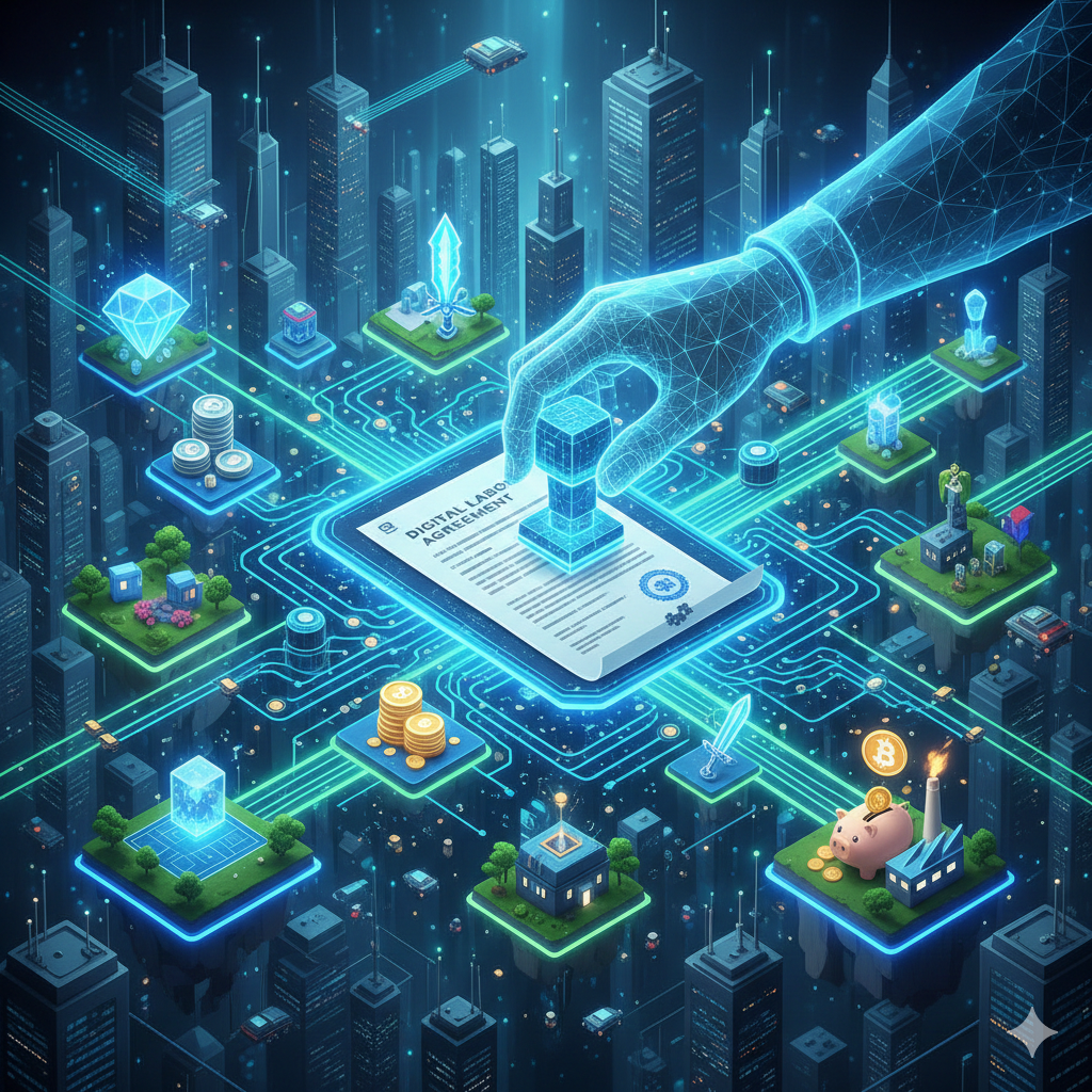 메타버스 내 디지털 자산(NFT, 가상 토지)과 노동이 현실 가치로 연결되는 디지털 시민권 개념을 시각화한 이미지.