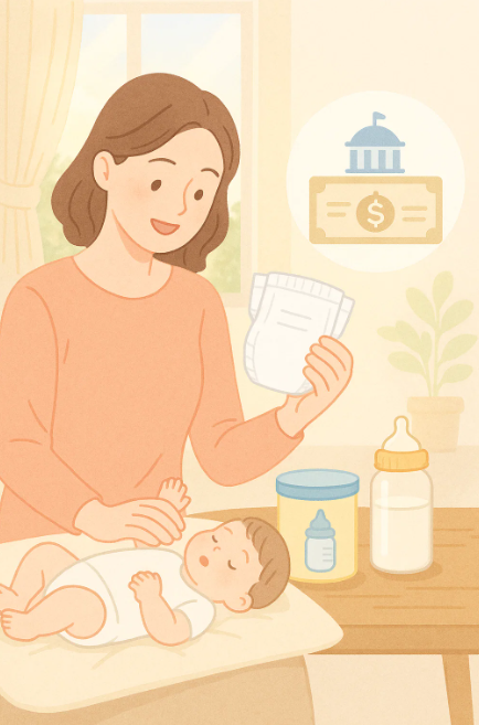 2025년부터 확대되는 기저귀&middot;조제분유 바우처 지원을 상징하는 이미지로, 아기와 엄마가 함께하는 따뜻한 장면을 담고 있습니다.