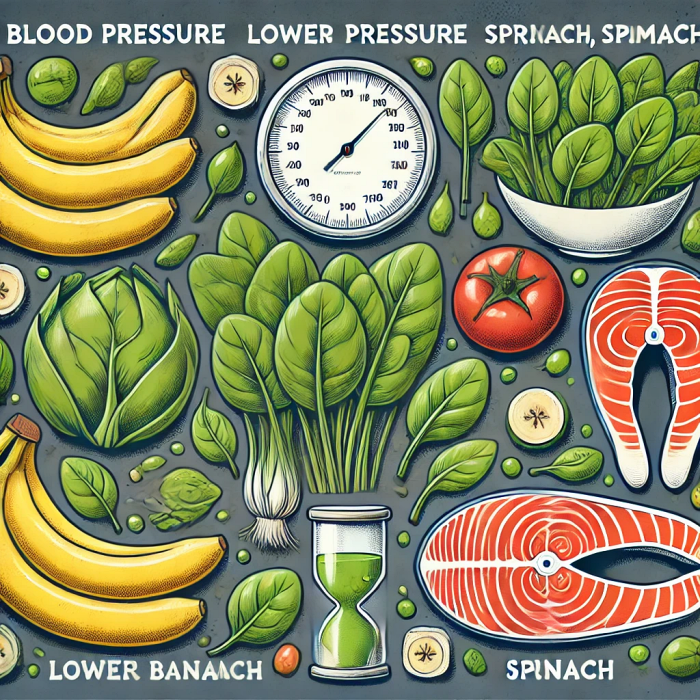 바나나, 시금치, 연어 등 혈압 낮추는 데 도움이 되는 음식을 보여주는 차트