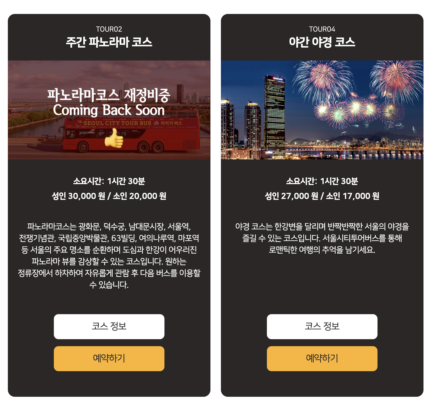 서울시티투어 타이거버스 야간 야경코스 주간 파노라마코스