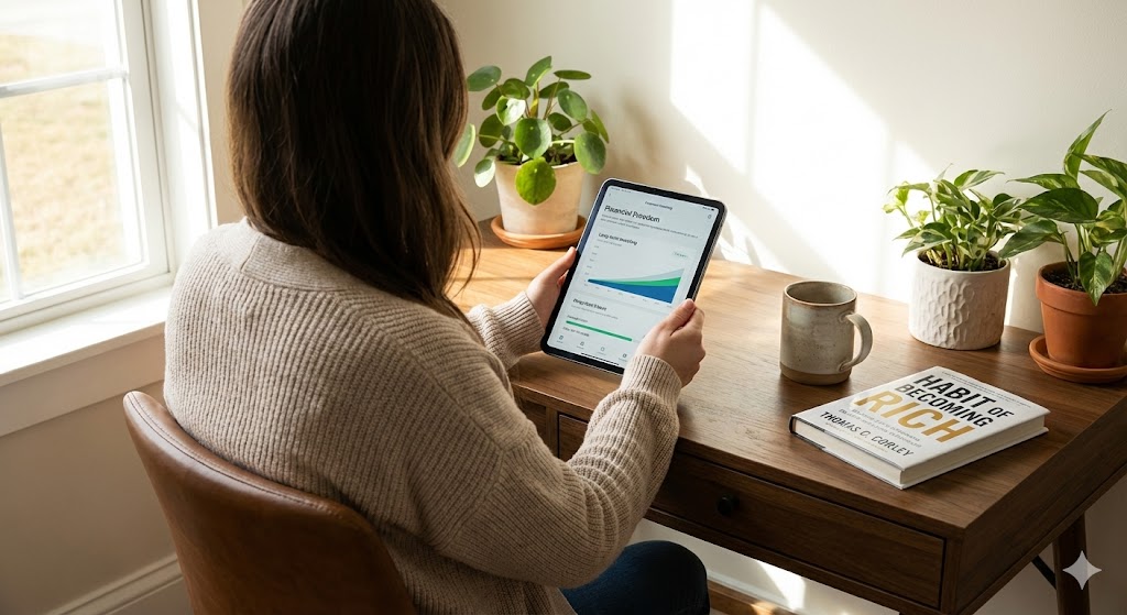 햇살 비치는 서재에서 '경제적 자유'가 적힌 태블릿 화면을 응시하며 미래를 설계하는 투자자의 모습