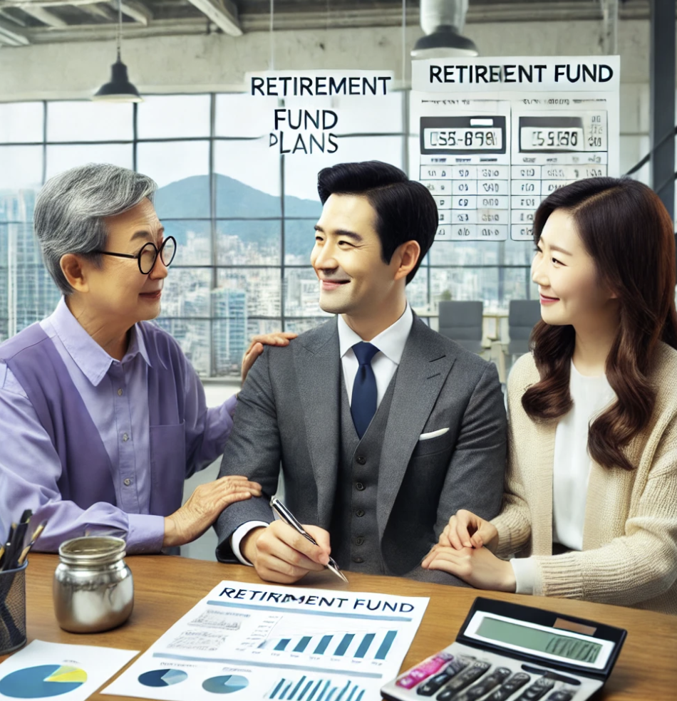 금융 전문가와 함께 연금 플랜을 논의하는 중년 부부의 모습.