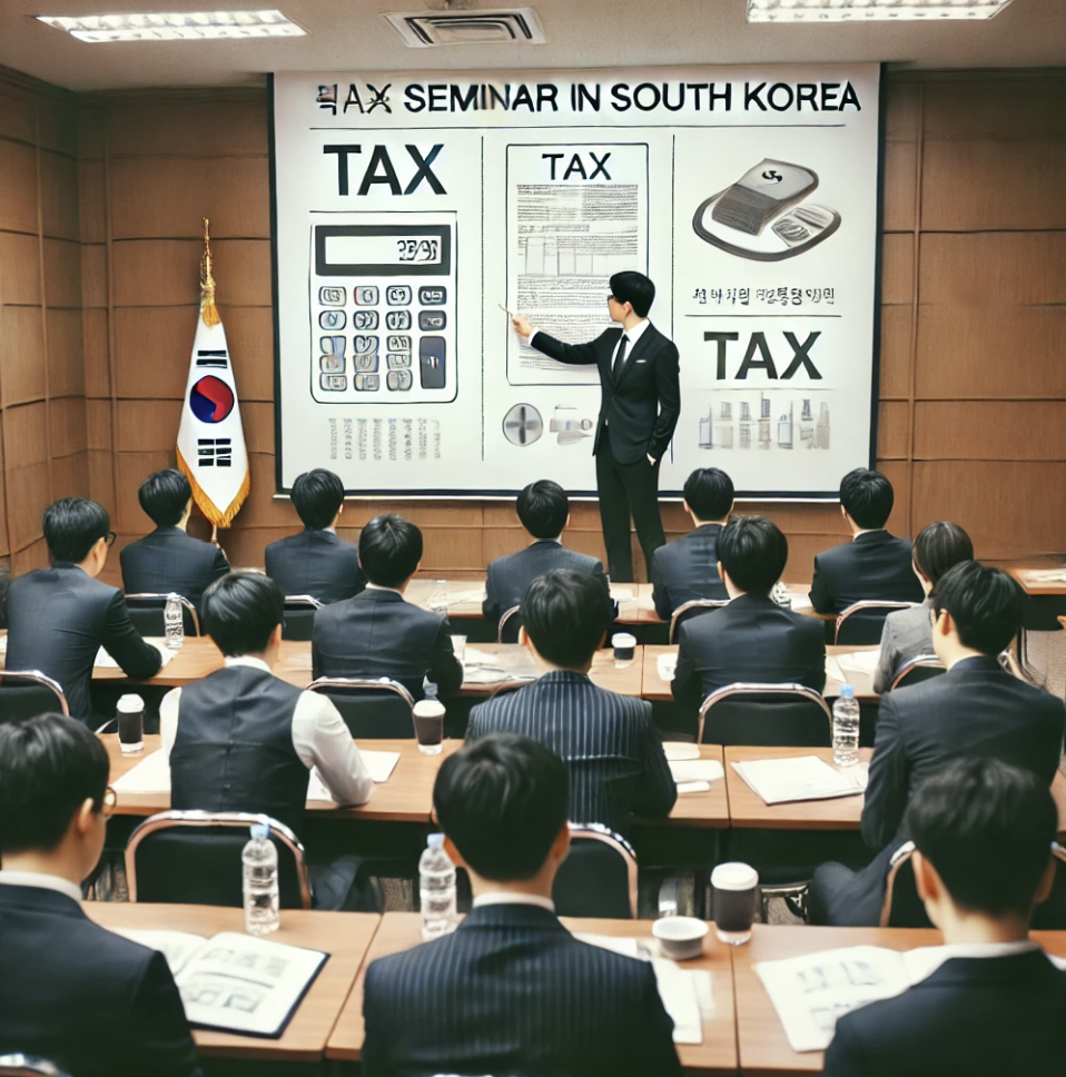 강사가 세금 규정을 설명하며 청중이 경청하고 있는 세미나 장면