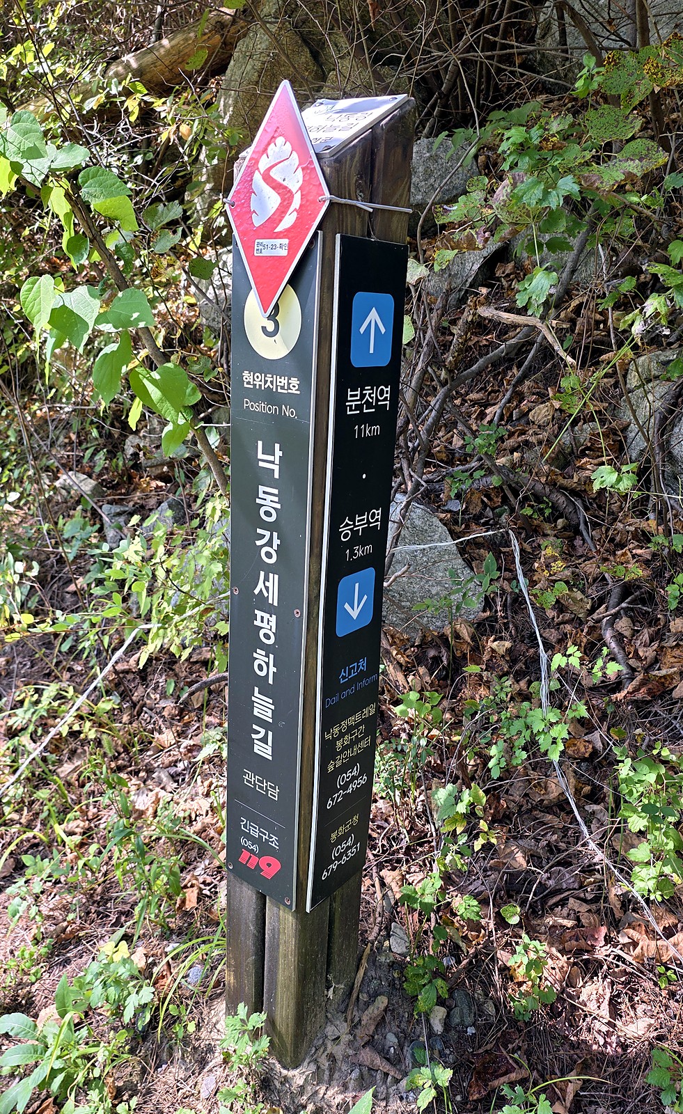 낙동강 세평하늘길 3번 위치번호 표지, 분천역과 승부역 방향 안내
