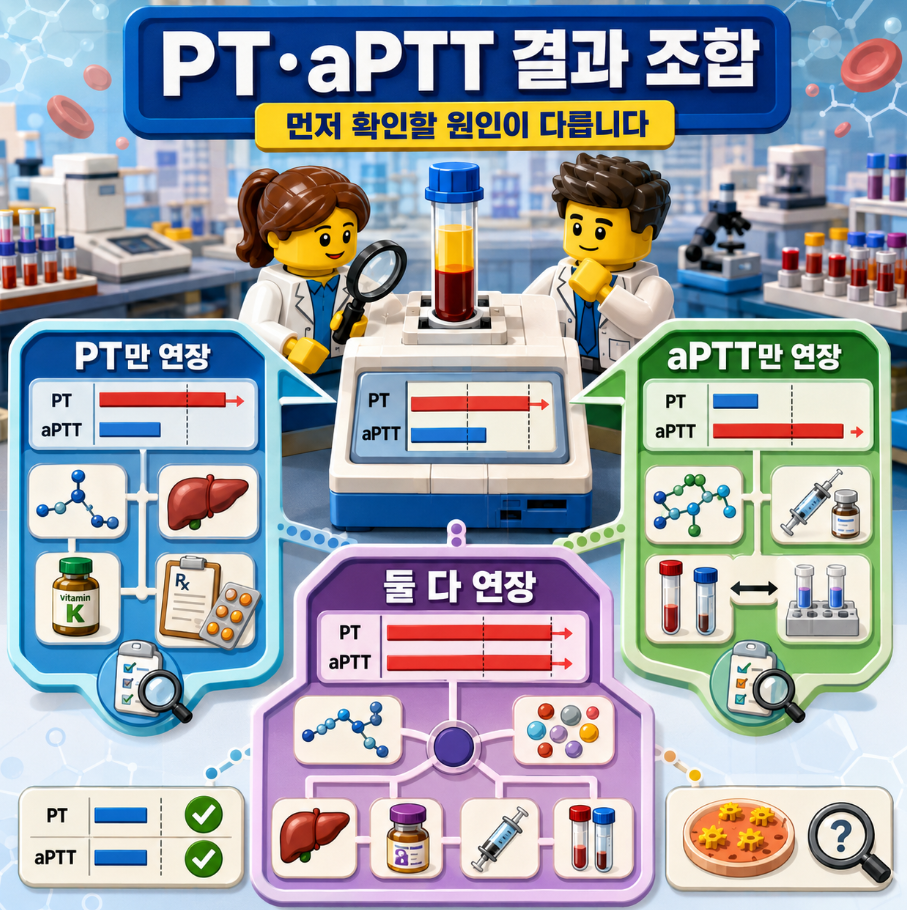 레고 스타일 의료진이 PT와 aPTT 결과 조합을 비교하며 PT만 연장, aPTT만 연장, 둘 다 연장 상황을 설명하는 의료 인포그래픽