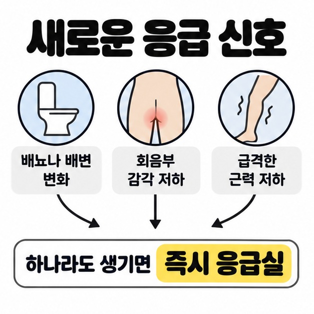 배뇨나 배변 변화, 회음부 감각 저하, 급격한 근력 저하를 그림으로 나란히 보여주고 각각 즉시 응급실 안내로 연결한 도식