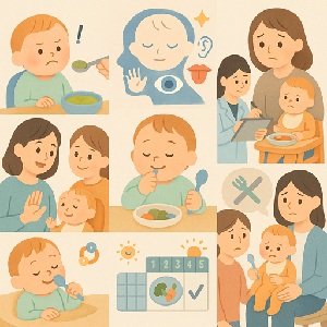 이유식을 거부하거나 스스로 먹으려는 다양한 아기 모습과, 아기의 신호에 반응하며 따뜻하게 대화하는 부모의 장면