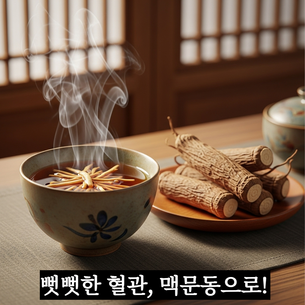 김이 모락모락 나는 따뜻한 맥문동 차가 담긴 정갈한 찻잔과 그 옆에 놓인 말린 맥문동 뿌리 약재가 조화롭게 배치된 모습