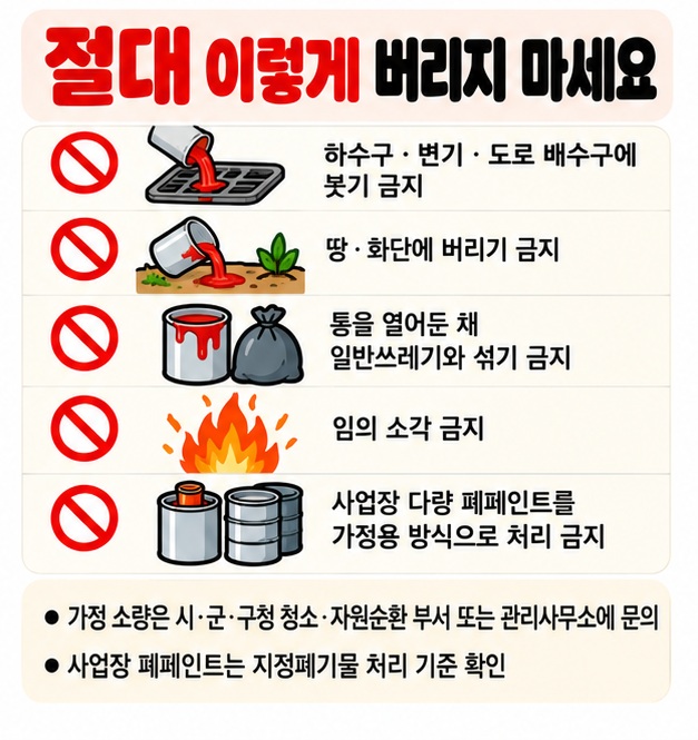 남은 페인트를 하수구 토양에 버리거나 임의 소각하지 않고 거주지 배출 기준을 확인하는 주의사항 카드