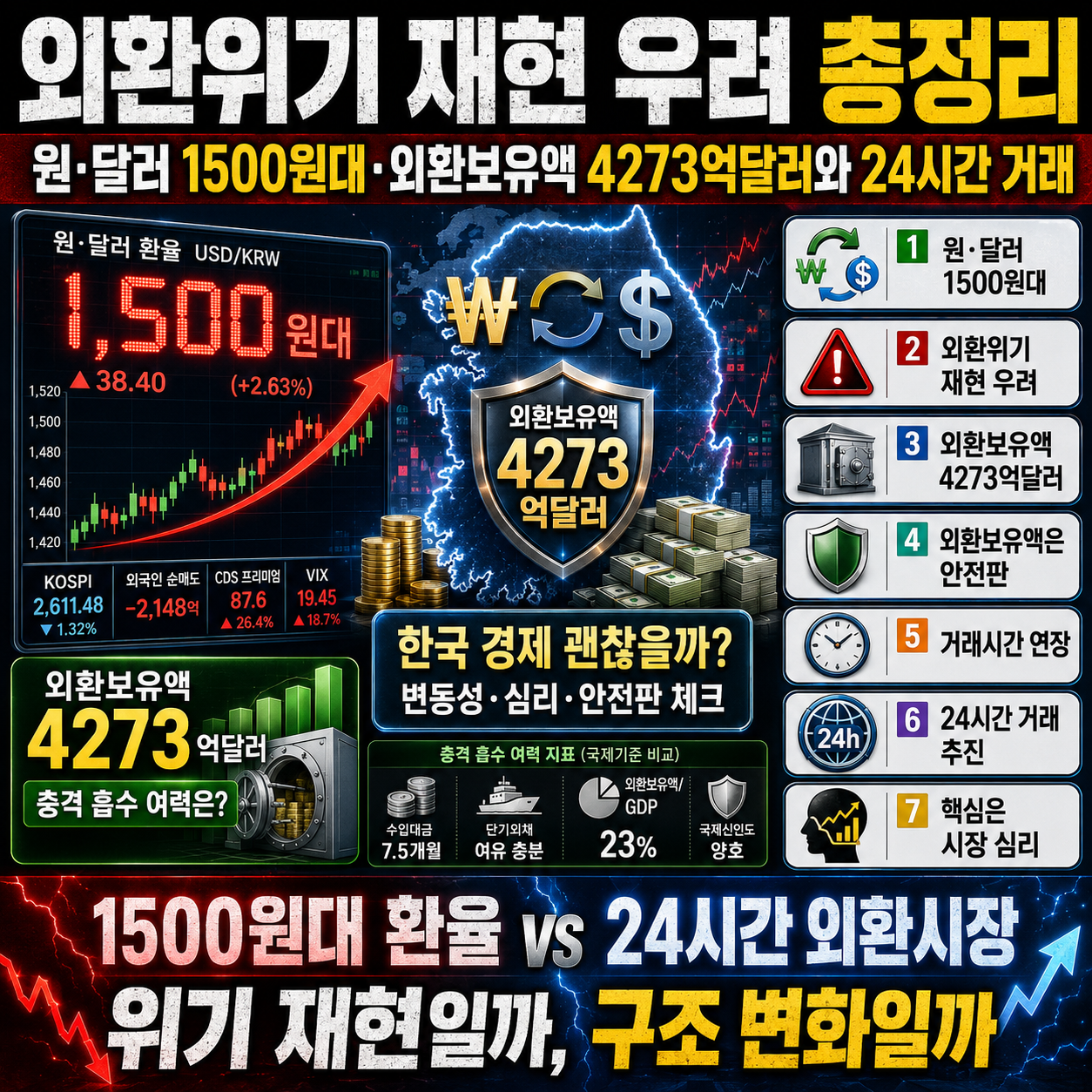 외환위기 재현 우려 총정리: 원·달러 1500원대·외환보유액 4273억달러와 24시간 거래