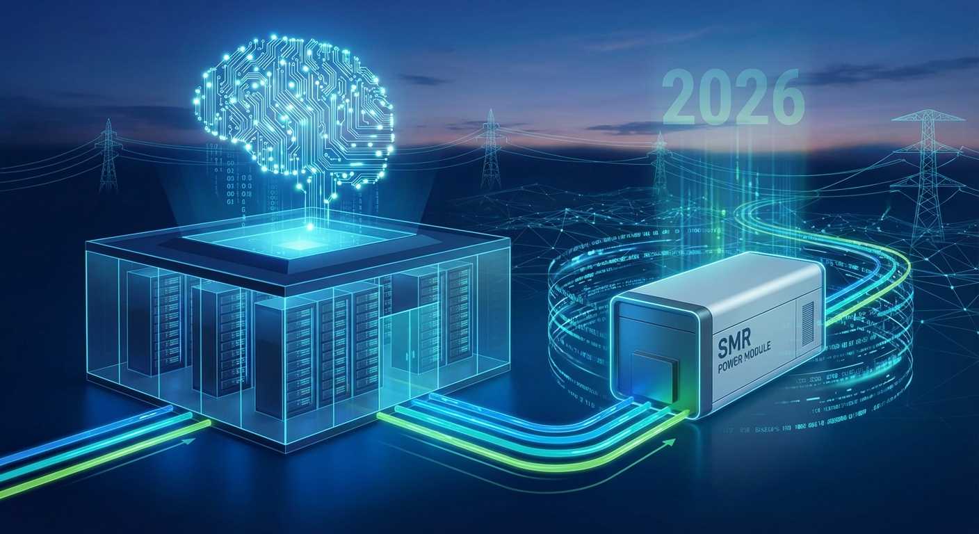 2026년 AI 데이터센터의 전력 병목 현상을 해결하기 위해 SMR 파워 모듈이 데이터를 처리하는 서버실에 전력을 공급하는 미래지향적인 컨셉 이미지