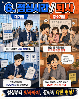 대기업과 중소기업 점심문화부터 퇴사 후 연락까지 조직문화 차이를 표현한 이미지