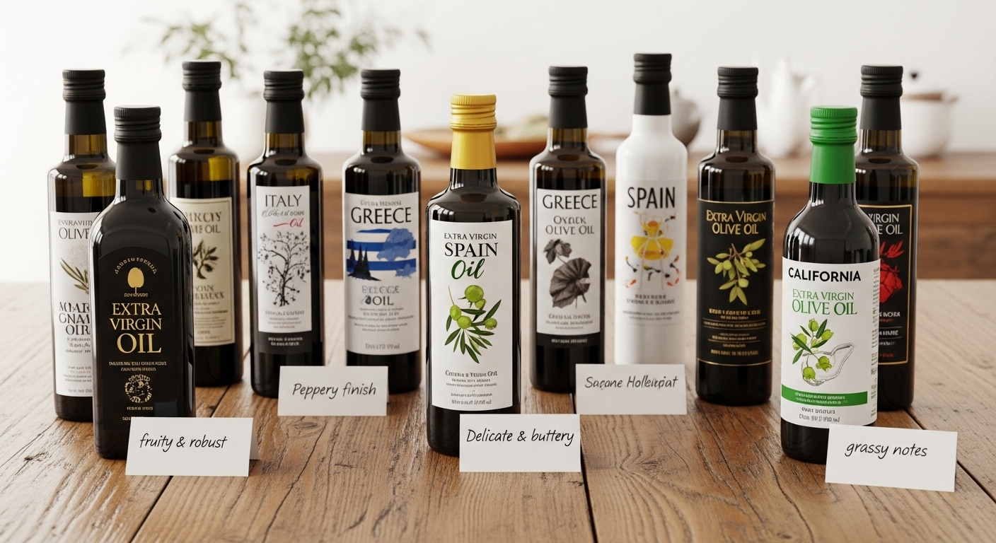 이탈리아, 스페인 등 다양한 원산지의 개성 넘치는 엑스트라 버진 올리브오일 병들이 한자리에 모여 있는 모습. 여러 올리브오일의 다양성을 보여줍니다.