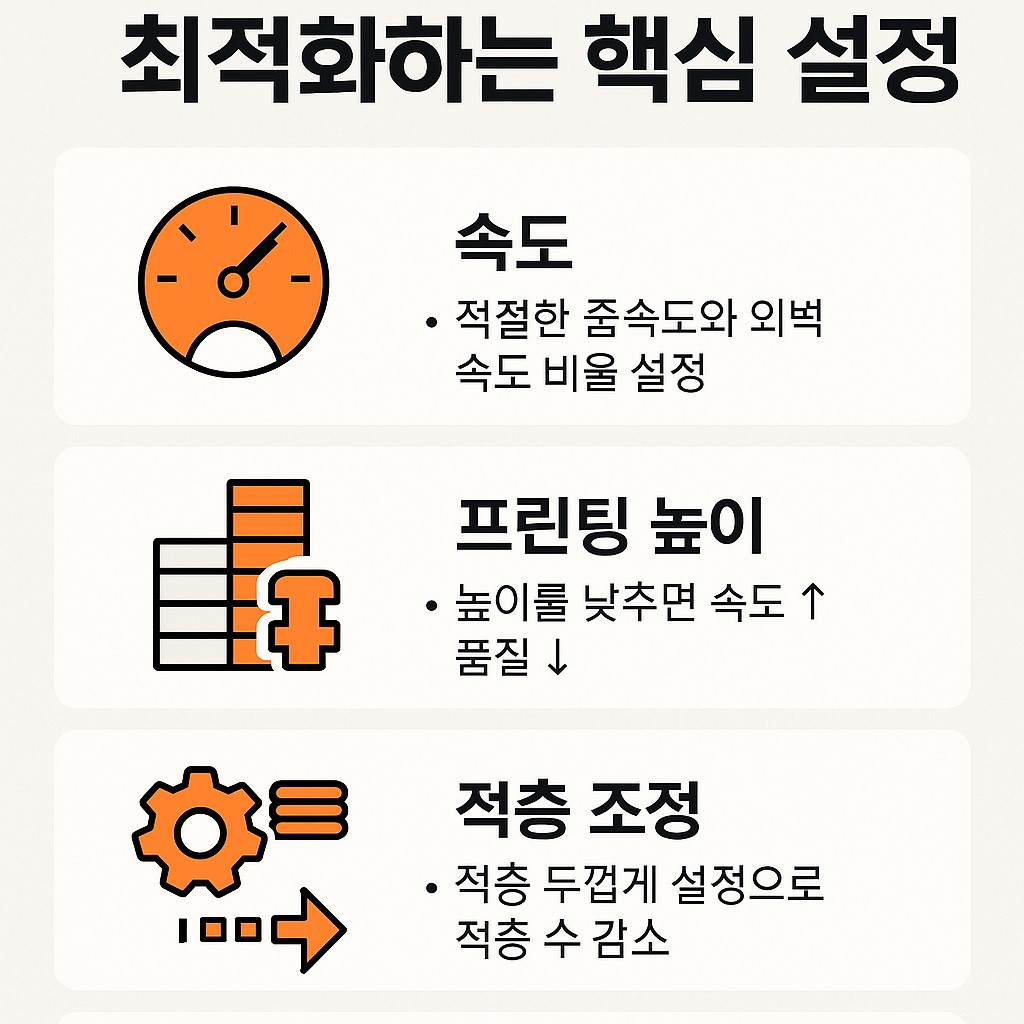 Cura에서 3D 프린터 출력 속도를 최적화하는 핵심 설정 인포그래픽