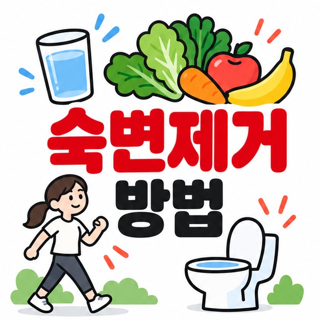 물 식이섬유 채소와 화장실 아이콘 옆에 숙변제거 방법 문구를 크게 보여주는 대표 카드