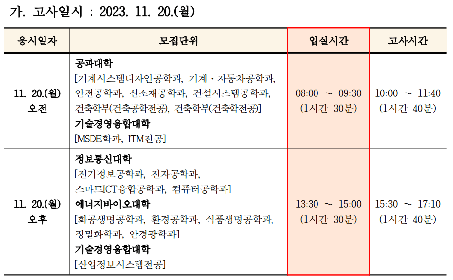 서울과기대 논술일정표