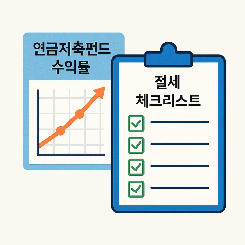 연금저축펀드 수익률 그래프 옆에 절세 체크리스트가 나란히 있는 일러스트