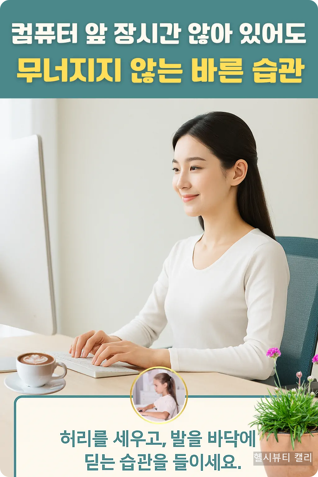 여성 직장인이 바른 자세로 앉아 있는 인포그래픽