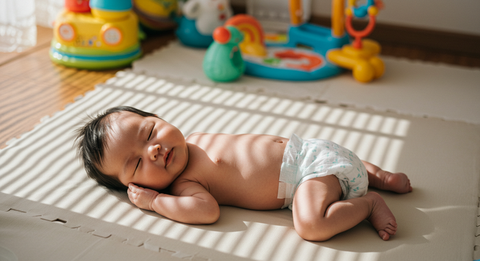 가족이 기저귀 교체 후 함께 있는 장면