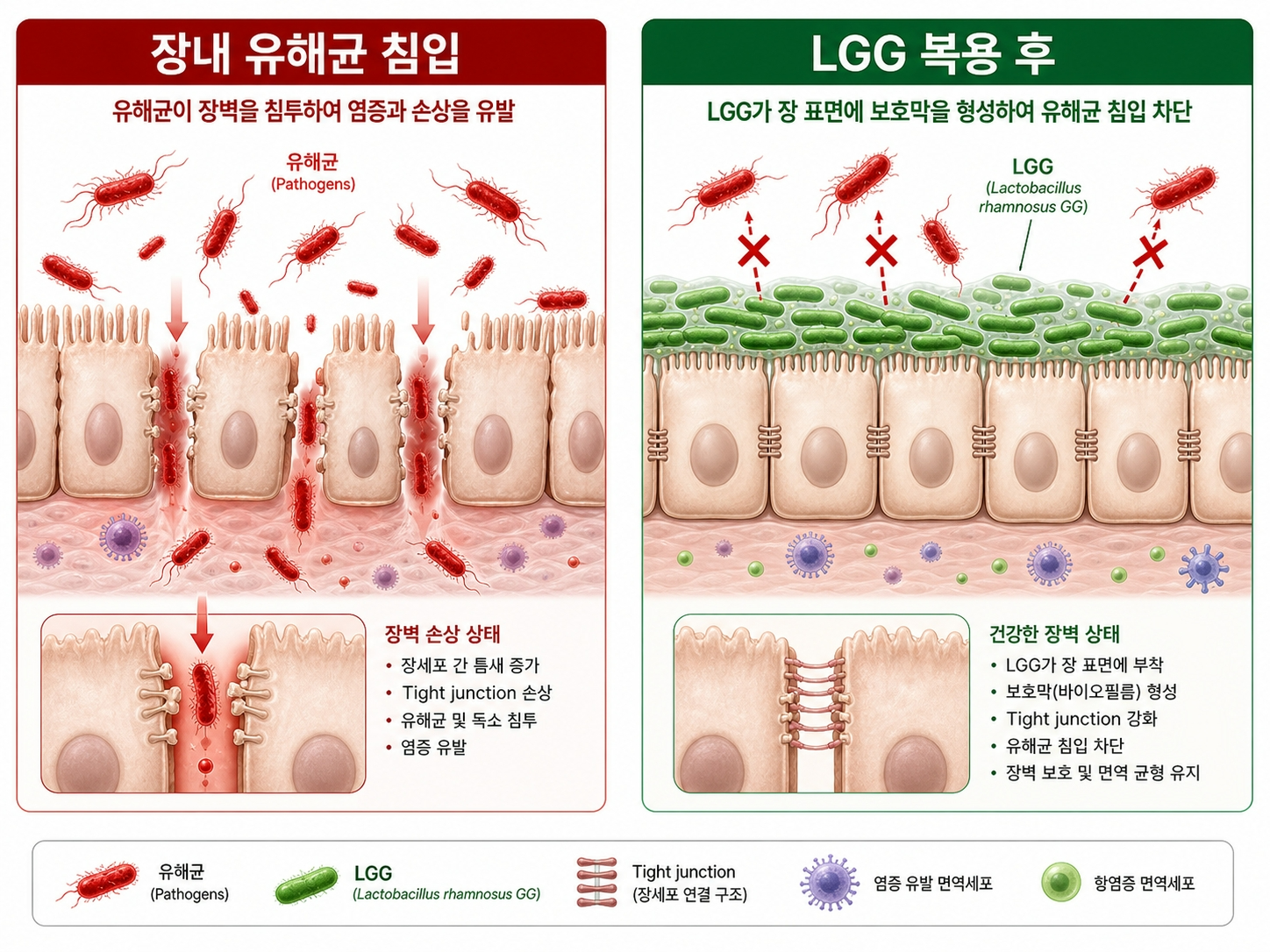 LGG유산균-장점막부착-유해균차단-항생제설사예방-메커니즘-일러스트