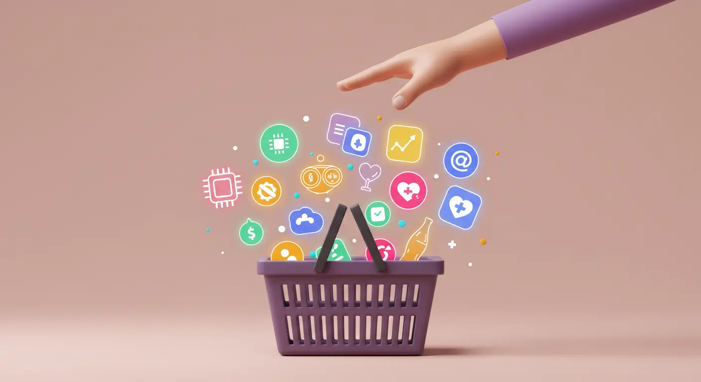 다양한 산업(기술, 자동차, 소비재)을 상징하는 아이콘들이 담겨있는 '주식 쇼핑 바구니'를 들고 있는 투자자 일러스트