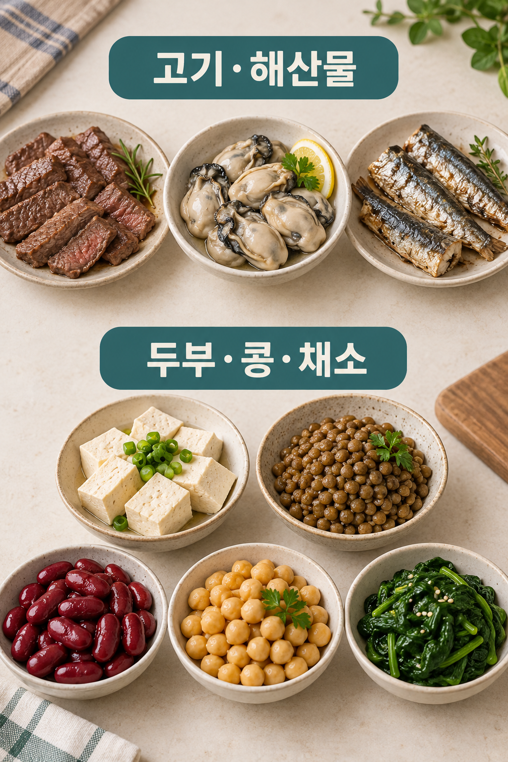 조리한 쇠고기와 굴·정어리, 두부와 여러 콩·삶은 시금치의 실제 음식 형태