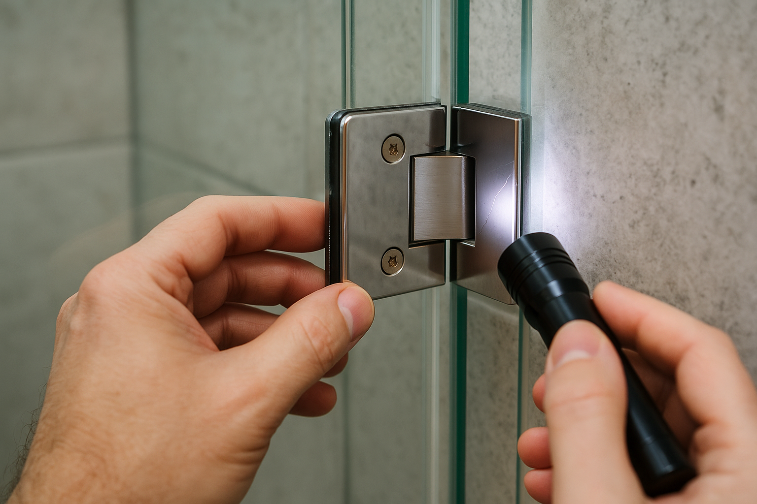 손전등으로 샤워부스 유리 경첩 주변 헤어라인 크랙을 점검하는 손