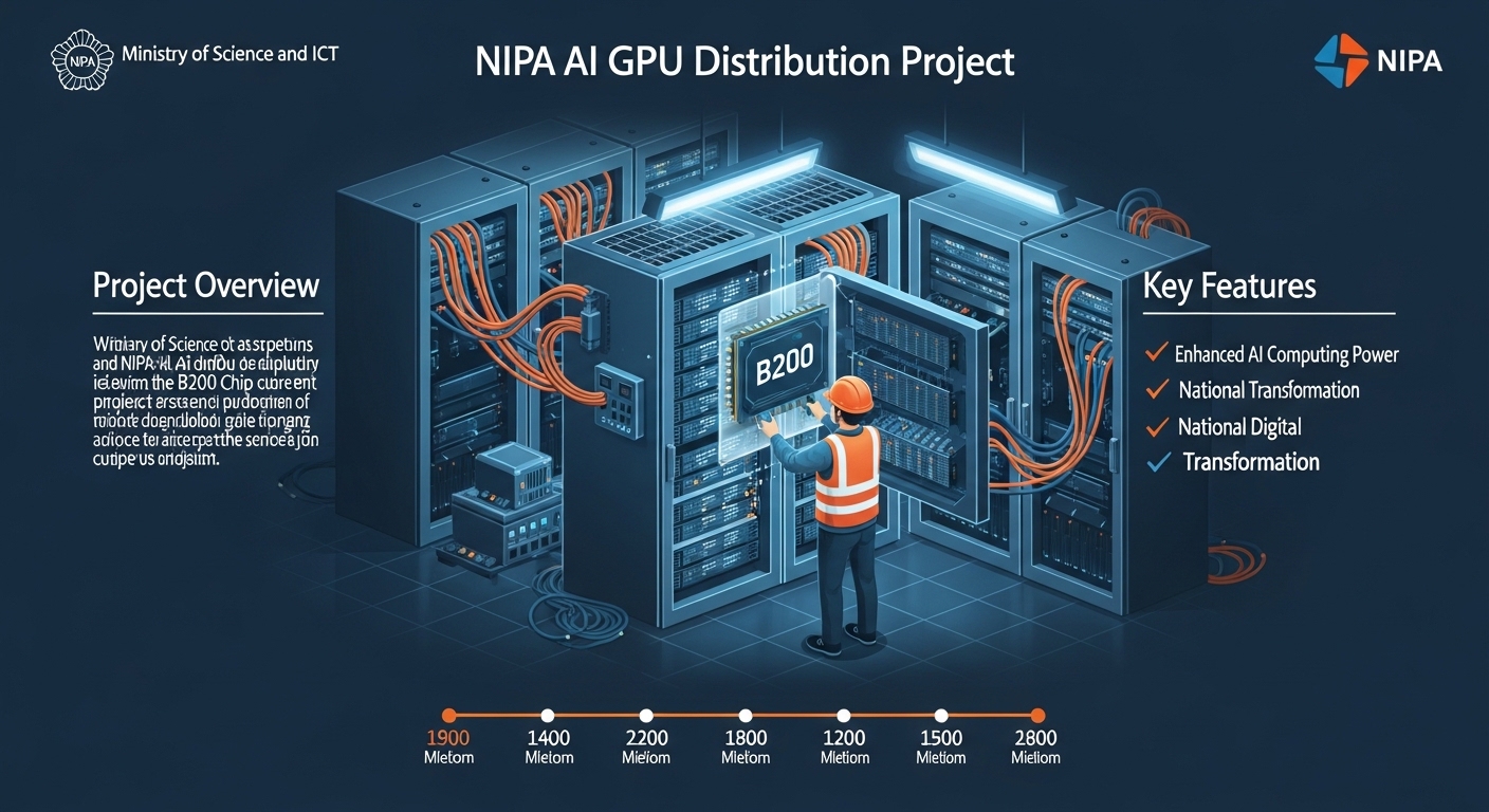 과기부 NIPA AI GPU 보급사업 인포그래픽, B200 칩 데이터센터 설치 장면, 클래식 블루-그레이 정책 톤