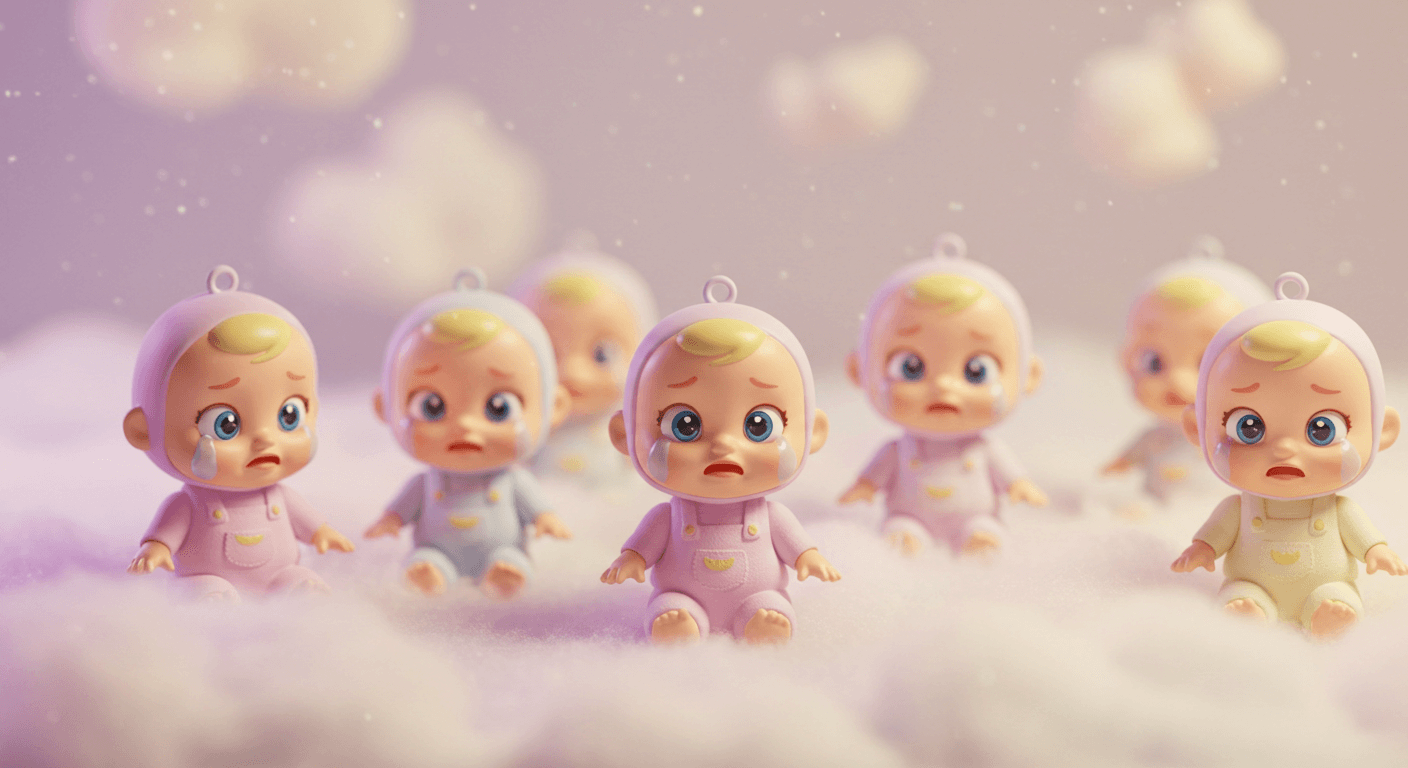 손바닥 크기의 울고 있는 크라이베이비 인형들이 모여 배치된 모습 1