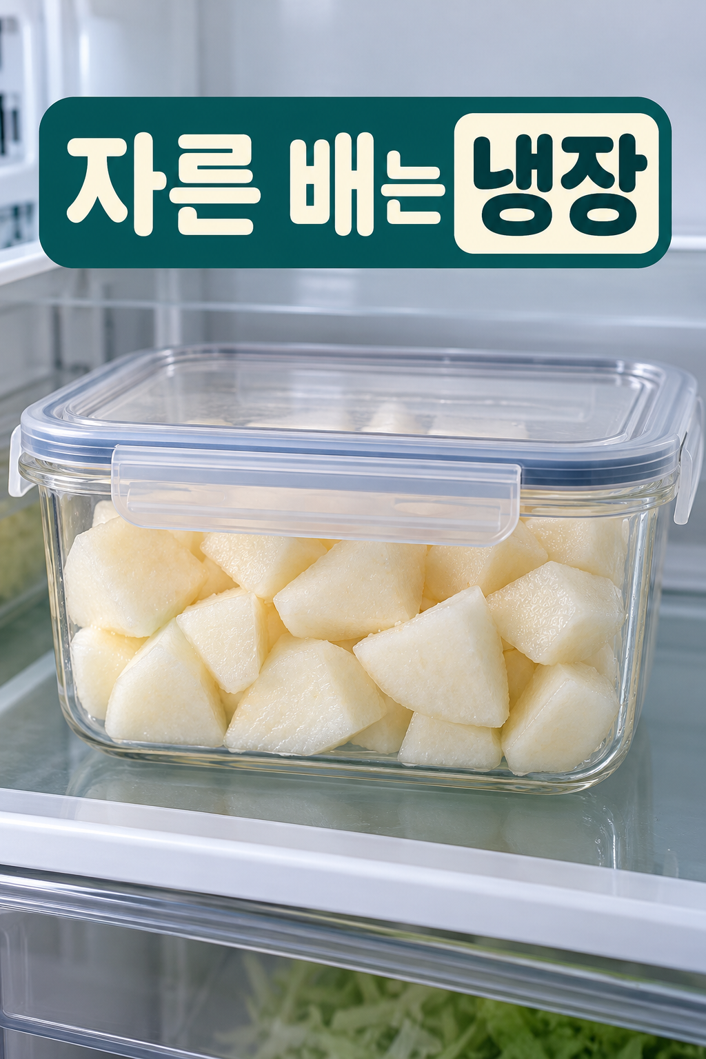 냉장고 선반에 놓인 뚜껑을 닫은 자른 배 용기