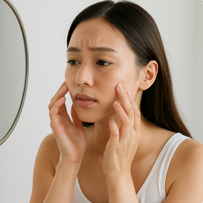 여성이 거울 앞에서 피부 탄력을 확인하는 모습