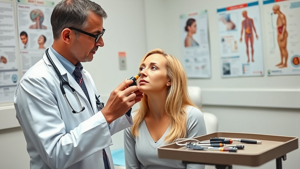 병원에서 코 진료받고있는 여성