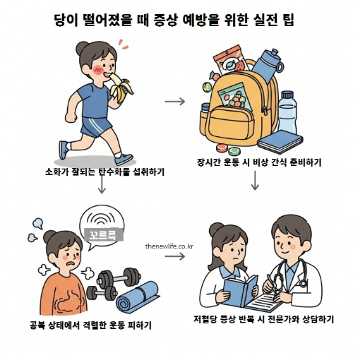 당이 떨어졌을 때 증상을 예방하기 위한 4가지 실천 팁 (운동 전 탄수화물 섭취, 비상 간식 준비, 공복 운동 피하기, 전문가 상담)