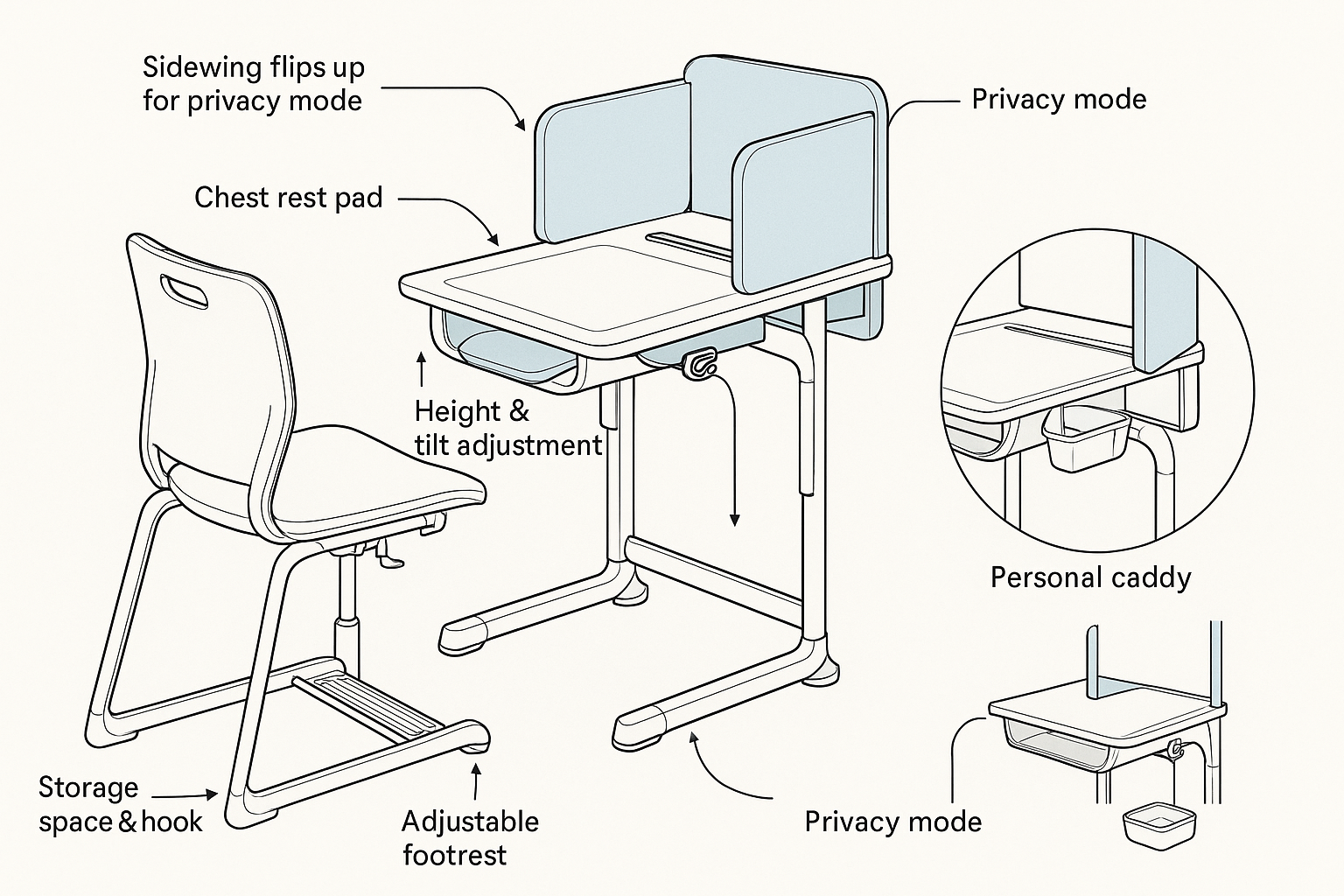책상 다리에 내장된 스프링과 고정 핀, 상판이 12도 기울어진 상태를 보여주는 근접 스케치
