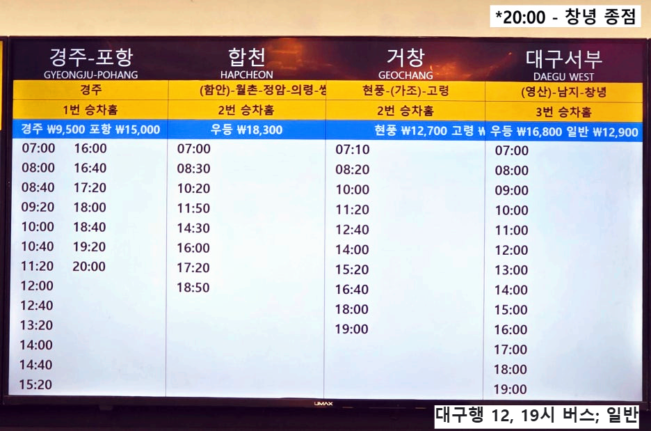 부산서부시외버스터미널 (부산사상터미널) 출발 시간표 전광판
