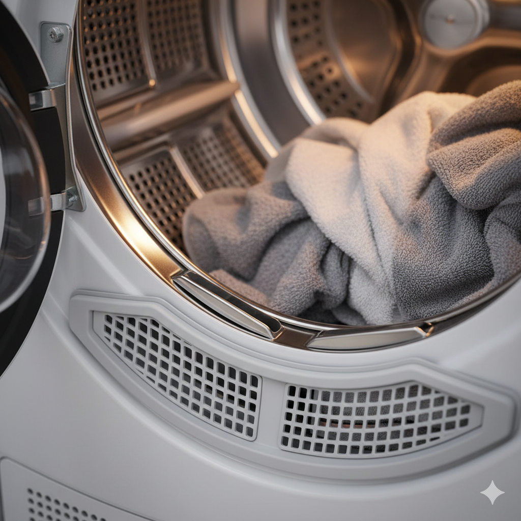 건조기 내부 드럼 입구에 위치한 두 줄의 금속제 습도 감지 센서 상세 모습