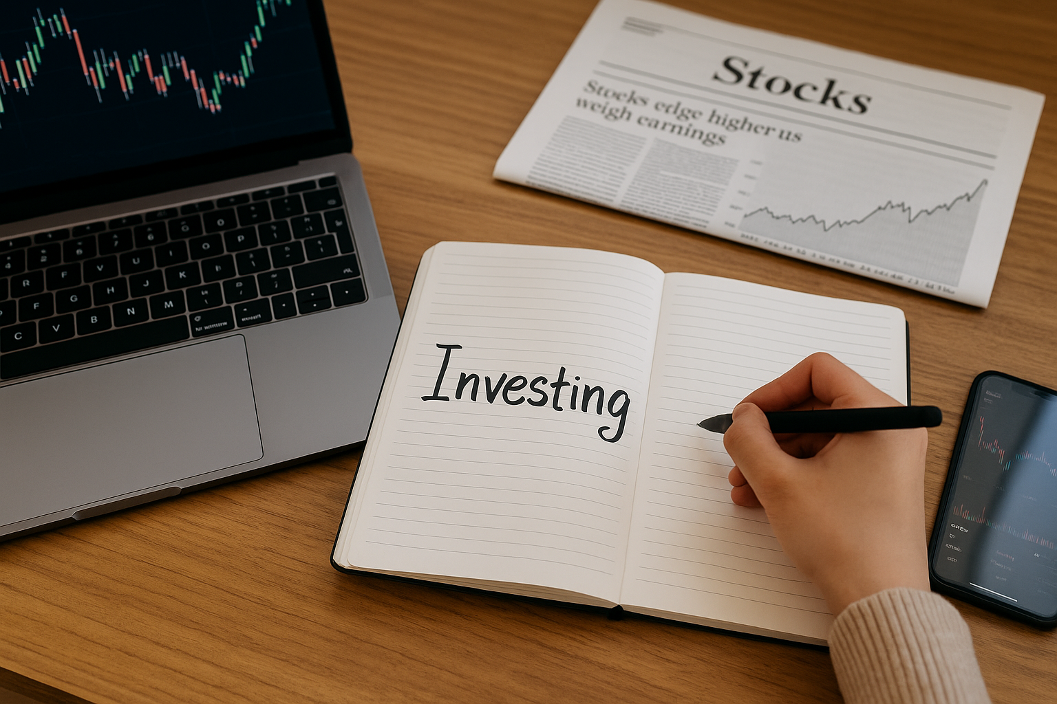 책상 위에 투자 관련 책, 공책, 펜, 그리고 주식 그래프가 켜진 노트북이 놓여 있으며, 한 사람이 투자 계획을 세우는 모습이 담긴 모습