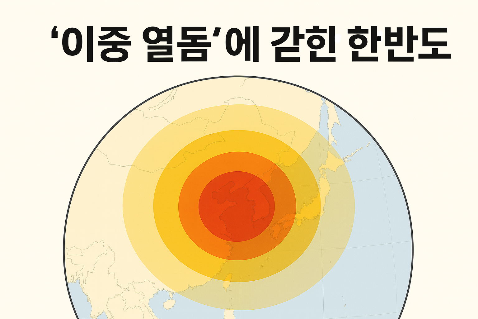 한반도 지도 상공에 이중 열돔을 진한 빨간색으로 표현하고 주위는 점점 엷어지는 형태로 표현한 기상 일러스트