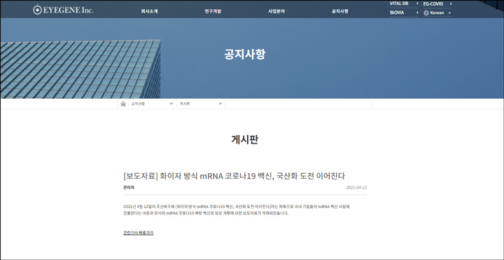 아이진 회사 게시판에 올라온 코로나백신 보도